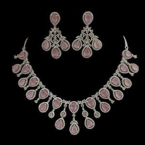 Pink Bridal Choker Necklace Earrings Set: CZ Diamonds, Silver Plated