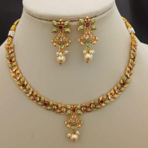 gold plated bridal ruby necklace earrings jewelry| indian bridal necklace| gold plated bridal bridesmaid necklace earrings south jewelry|