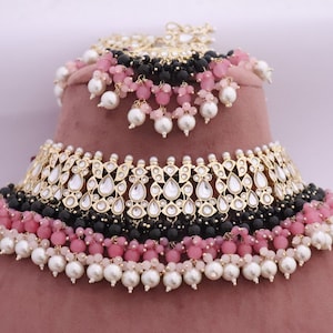 Kundan Choker Bridal Necklace Earrings Tikka Black Pink Beads Set, Indian Bridal Choker Jewelry Set, Punjabi Jewelry, Pakistani Necklace