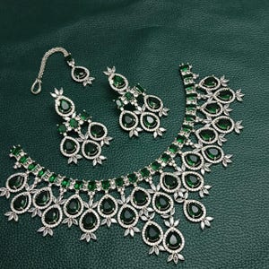 CZ Diamond Bridal Jewelry Set: Silver Plated Necklace, Dangler Earrings & Tika