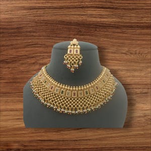 22ct Gold Plated Indian Bridal Emerald Ruby Necklace Earring Tikka Jewelry Set