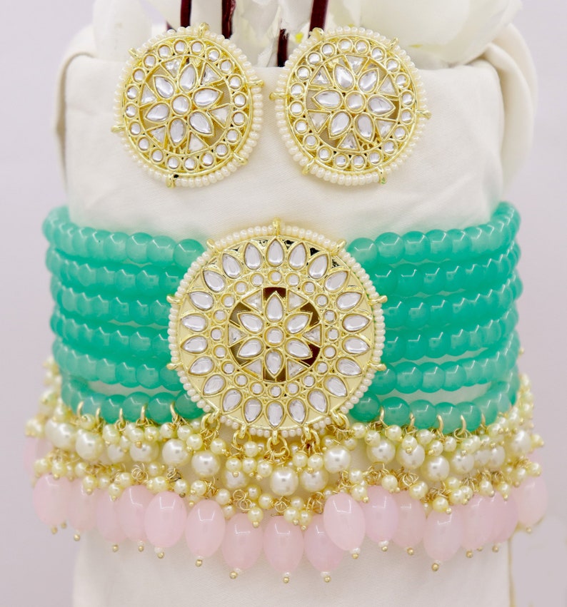 Blue Necklace Choker Studs Earrings Set Handmade Beads Choker Etsy