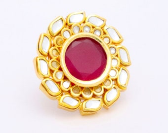 Anillo de rubí Kundan de 22 quilates: joyería nupcial bañada en oro