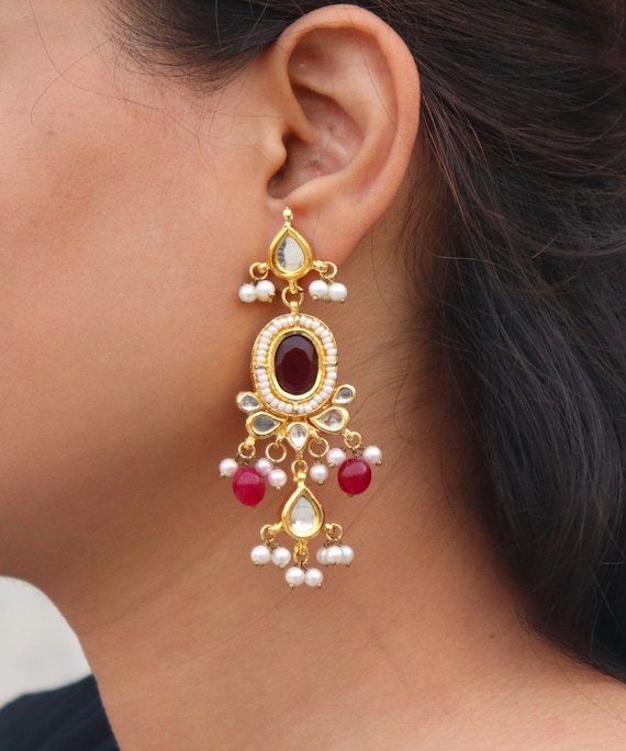 Gold Plated Dark Ruby Light Weight Earrings Jewelry Set Indian