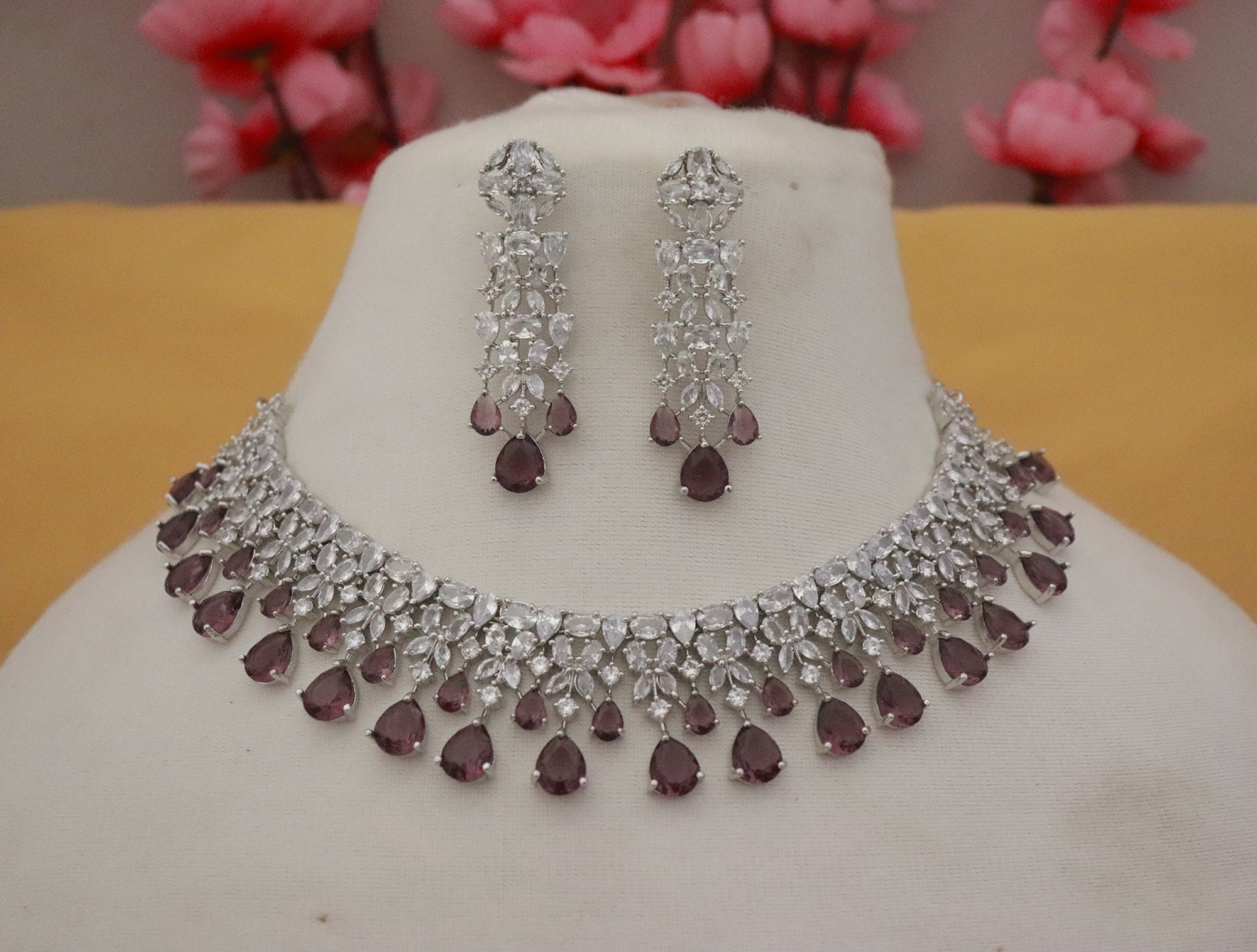 Purple Silver Necklace Earrings Jewelry Set/ Indian Women