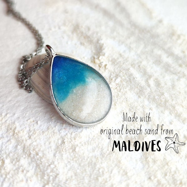 Drop necklace with Maldives sand and ocean color resin, silver plated frame and chain, teardrop of Indian Ocean, gift for beach lover women
