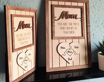 Mothers day Gift, 'Mom You are the piece that holds us together' Puzzle with Names for Mom Engraving Wood, Gift for Mom from kids and family