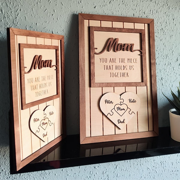 Mothers day Gift, 'Mom You are the piece that holds us together' Puzzle with Names for Mom Engraving Wood, Gift for Mom from kids and family