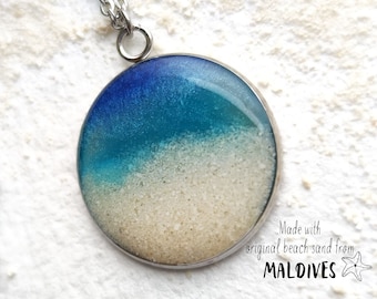 Maldives necklace, Blue beach necklace, Ocean inspired jewelry, White beach necklace, stainless steel beach pendant, Ocean gift for her