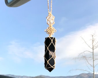 Handmade Korean Knot Car Charm - Protection energy Obsidian & Quartz Car Decor. Macrame Sun Catcher, Amulet.