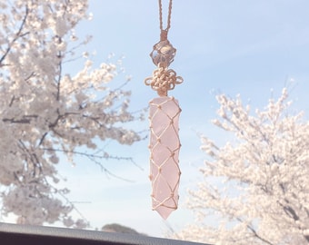 Love energy hanging, Rose quartz pointed, Baby pink Sun catcher, Car charm, Crystal car hanging, Car accessory for women, Rear view mirror