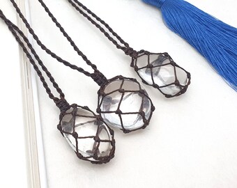 Clear Quartz Macrame Necklace: Boho Gemstone Jewelry