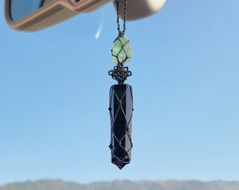 Handmade Korean Knot Car Charm -Powerful Protection energy, Obsidian &Fluorite Car Decor, Macrame Sun Catcher, Amulet.