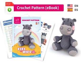 Little Hippo Crochet PATTERN Pdf, Grey Hippopotamus amigurumi crochet pattern, Hippo Muneca patrone USA/ES terms