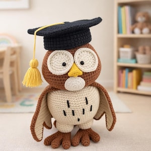 Peut inclure: Un hibou en crochet fait à la main portant un chapeau de graduation noir avec un gland jaune. Le hibou a de grands yeux ronds, un bec jaune et une poitrine et un ventre crème. Les ailes et les pieds du hibou sont bruns. Un fond avec une étagère et un tapis.