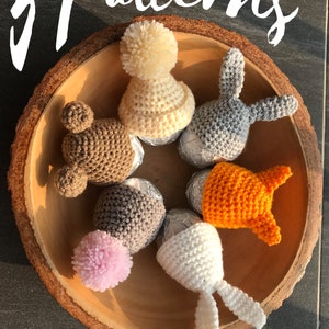 5 Easter Egg Cosy Hat PATTERNS, Crochet Egg Warmer: Bunny, Bear, Fox and 2 classic Hat patterns - Amigurumi Crochet Pattern