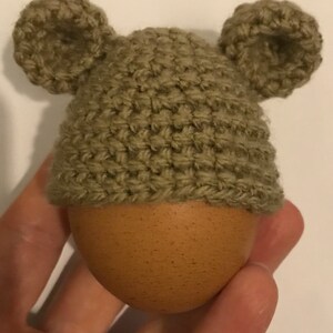 May include: A brown egg wearing a green knitted hat with two ear flaps.