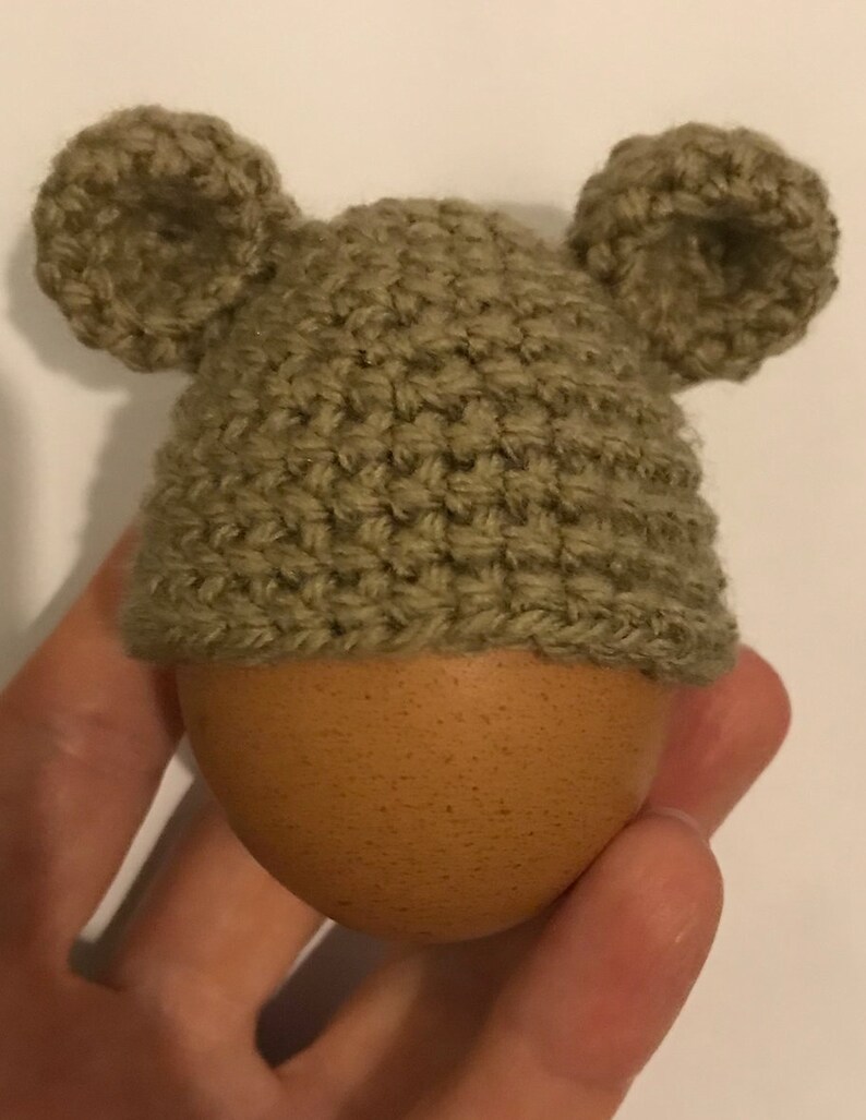 May include: A brown egg wearing a green knitted hat with two ear flaps.