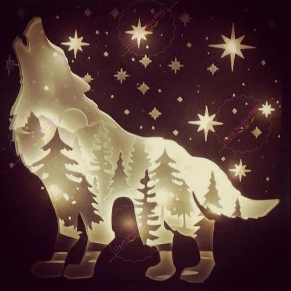 forest wolf howling nature wildlife animals scenery papercutting shadow box light 3d shadowbox SVG PNG DXF digital Cricut commercial