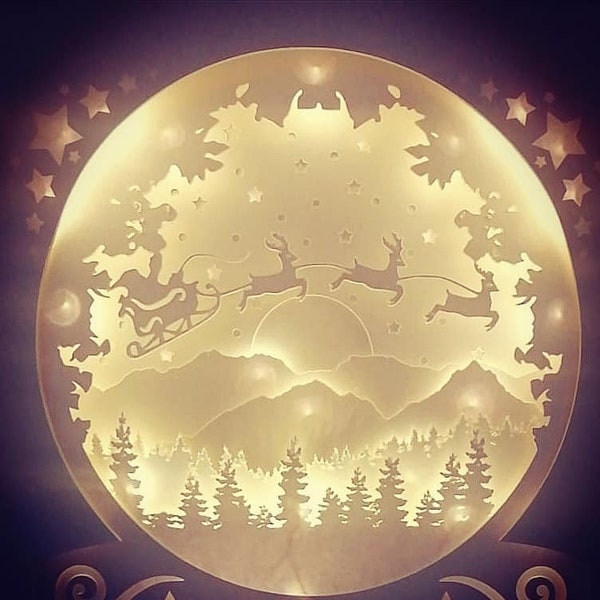 Navidad Papá Noel padre noel trineo reno globo de nieve regalo papelcorte 3d caja de sombras caja de sombra SVG / PNG / DXF digital Cricut comercial