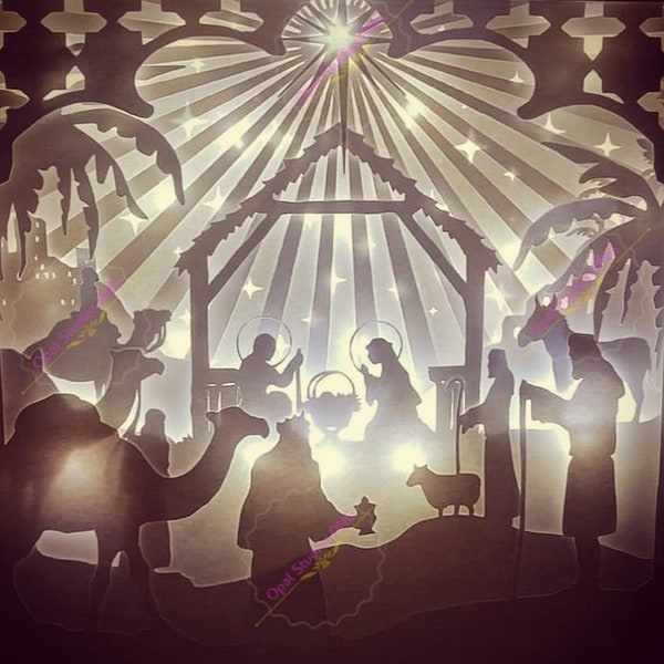 the nativity, religious, christian christmas papercutting 3d shadowbox shadow box light SVG PNG DXF digital Cricut template - commercial