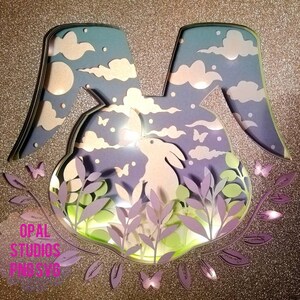 Lapin de Pâques papillon papillon mignon cadeau papercut 3d shadowbox shadow box light SVG PNG DXF numérique Cricut Personnel b