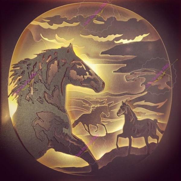 wild horses stallions foal cowboy ranch nature scenery papercutting 3d shadowbox light box SVG PNG DXF digital Cricut template- Personal