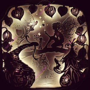 May include: A black silhouette of a fairy with wings outstretched, holding a wand, sitting on a branch with a small house in the background. The fairy is surrounded by glowing lanterns and stars.