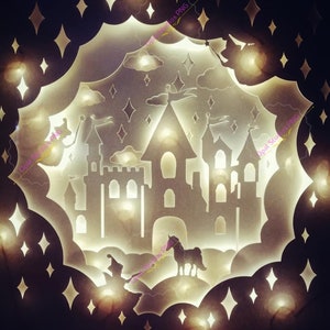 principessa castello palazzo nelle nuvole cielo sogno girly papercutting 3d shadowbox light box SVG PNG DXF digitale Cricut template- commerciale
