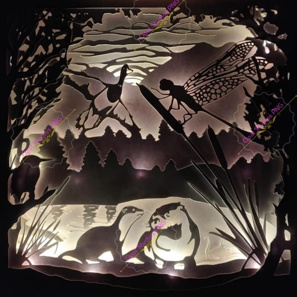 down by the water pond lake otter duck swan dragonfly wildlife paper cutting 3d shadowbox shadow box light SVG PNG DXF digital commercial