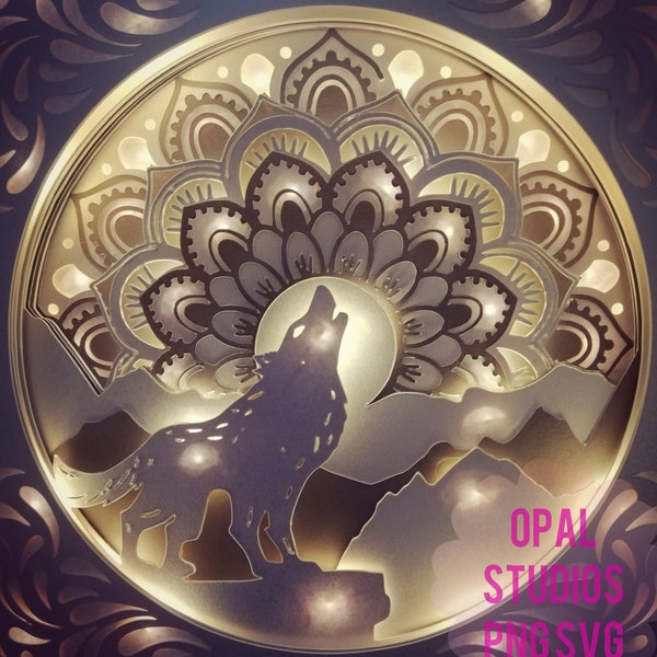 3d Mandala Wolf shadowbox woodland animals nature papercutting 3d shadow box light box SVG/PNG/DXF digital Cricut template commercial b