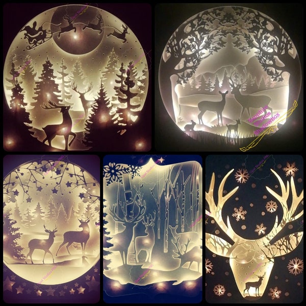 5 design bundle! Christmas stag deer reindeer shadow box light box papercutting 3d shadowbox SVG PNG DXF digital Cricut template- commercial