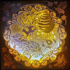 bumble bee honey bee roses bee-kind fantasy nature wildlife paper cutting 3d shadowbox shadow box light SVG PNG DXF digital commercial