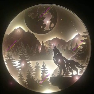 wolf howling moon forest mountains scenery papercutting 3d shadowbox shadow box light SVG PNG DXF digital Cricut template Personal b image 2