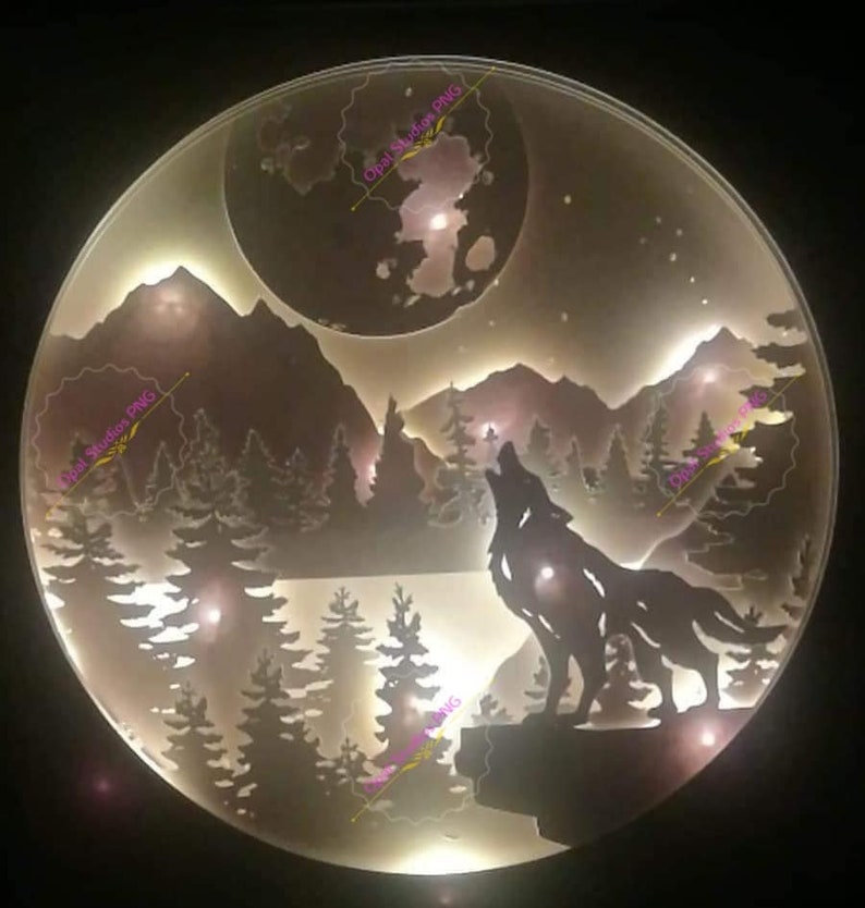 wolf howling moon forest mountains scenery papercutting 3d shadowbox shadow box light SVG PNG DXF digital Cricut template Personal b image 2