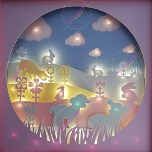 Frühling Lamm Hasen Hase Ostern Natur Tiere niedliche Papierschnitt Schattenbox Licht 3D Schattenbox SVG PNG DXF digital Cricut kommerzielle