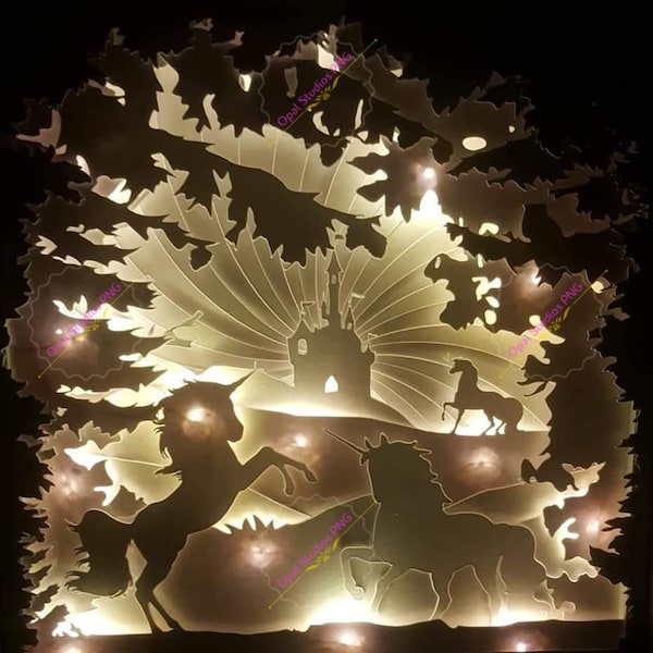 magical unicorns castle fairytale woodland forest cute shadow box light papercutting 3d shadowbox SVG/PNG/DXF digital Cricut personal b