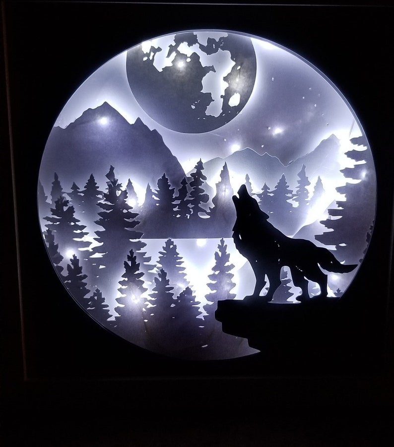 wolf howling moon forest mountains scenery papercutting 3d shadowbox shadow box light SVG PNG DXF digital Cricut template Personal b image 6