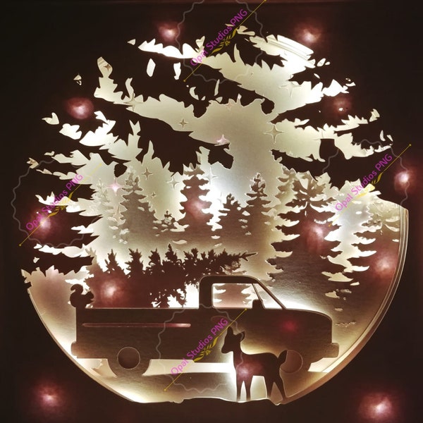 Red Truck Kerstboom bos pick-up truck papercutting 3d shadowbox schaduw doos licht SVG PNG dfx digitale Cricut sjabloon - commercieel