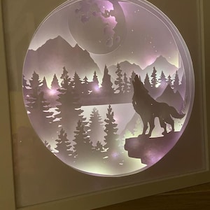 wolf howling moon forest mountains scenery papercutting 3d shadowbox shadow box light SVG PNG DXF digital Cricut template Personal b image 4