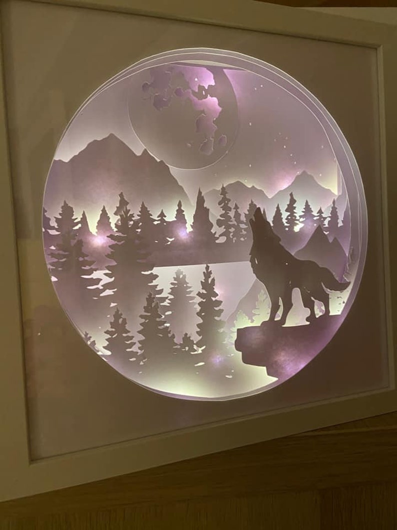 wolf howling moon forest mountains scenery papercutting 3d shadowbox shadow box light SVG PNG DXF digital Cricut template Personal b image 4