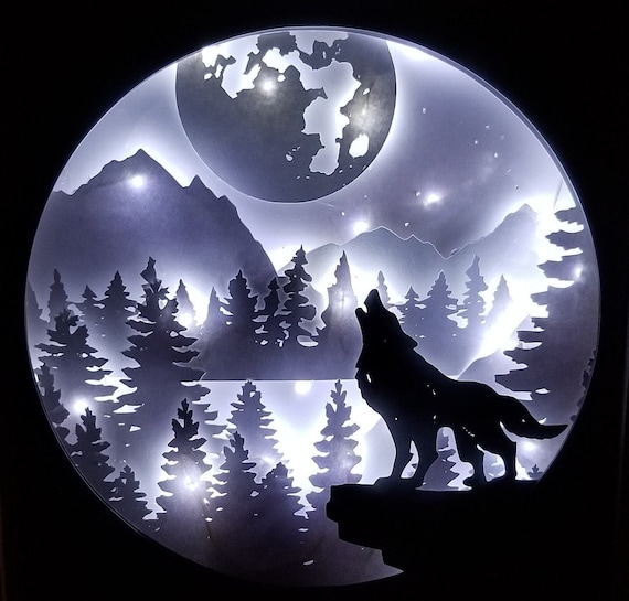 Wolf Howling Moon Forest Mountains Scenery Papercutting 3d