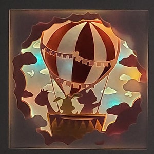 montgolfière bébé crèche animaux nuages lapin chat volant 3d shadowbox shadow box lumière SVG / PNG / DXF numérique Cricut modèle personnel
