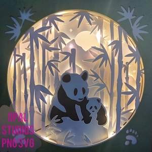 Panda cub and Panda bear bamboo oriental papercutting 3d shadowbox shadow box light SVG digital Cricut template-