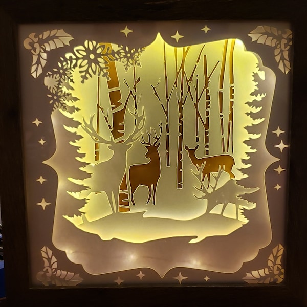 woodland clearing deer stags nature winter Christmas shadow box light papercutting 3d shadowbox and Card SVG PNG DXF digital commercial woodland clearing deer stags nature winter Christmas shadow box light papercutting 3d shadowbox and Card SVG PNG DXF digital commercial