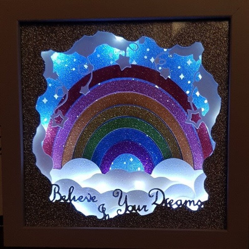 believe in your dreams rainbow sky pretty girl birthday shadow box light papercutting 3d shadowbox SVG PNG DXF digital commercial