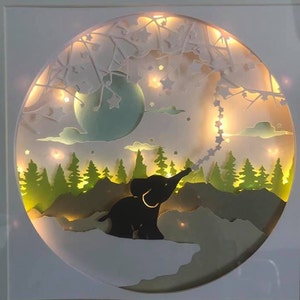 bebé elefante deseo sobre una guardería estrella nuevo bebé mágico dulce papel corte 3d shadowbox shadowbox luz SVG PNG DXF comercial digital