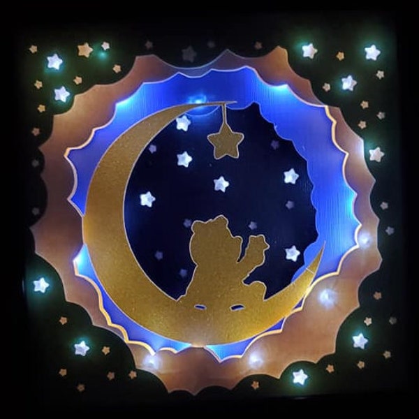 catching stars bear moon new baby nursery gift cute baby shower shadow box light papercutting 3d shadowbox SVG PNG DXF digital commercial