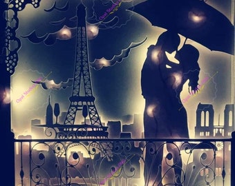 paris eiffel tower couple romance love engagement papercutting 3d shadowbox shadow box light box SVG PNG DXF digital Cricut commercial