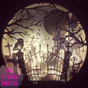 All hallows eve halloween haunted creepy graveyard house papercutting 3d shadowbox light box SVG PNG DXF digital Cricut template- commercial